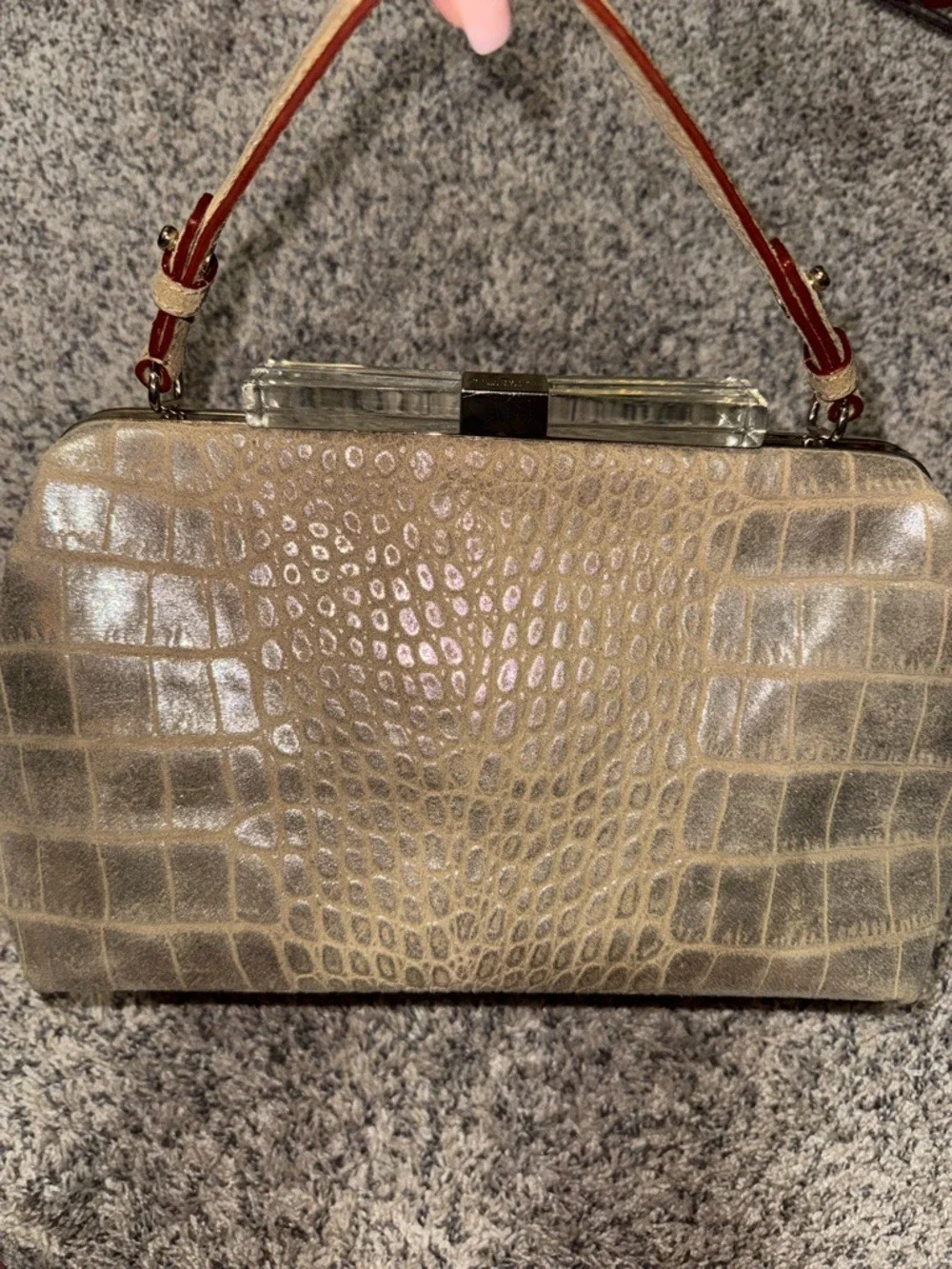 Kate Spade Croc Embossed Clutch w/ Acrylic Frame Handle | Neutral Beige Glam